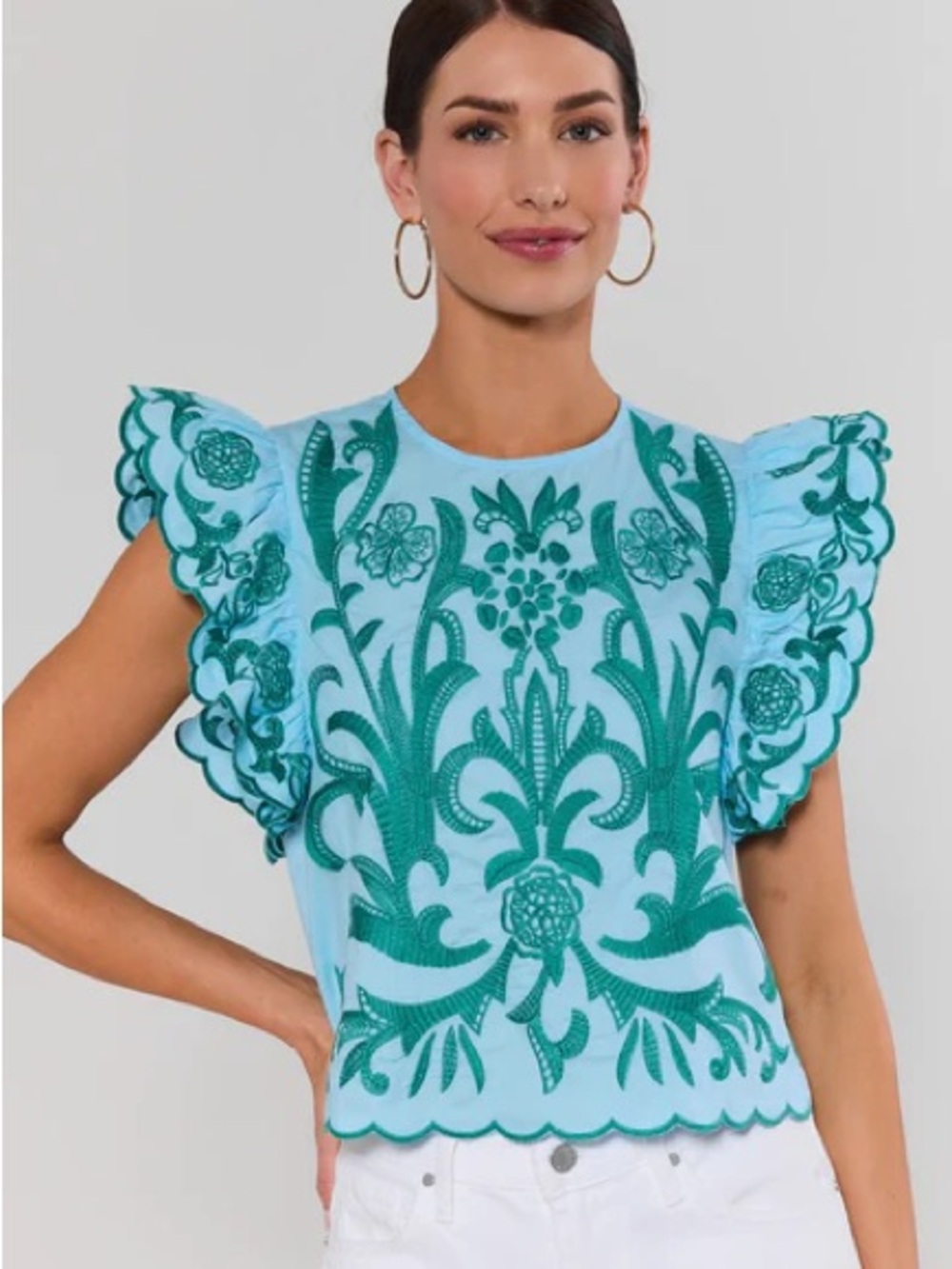 THML Embroidered Flutter Sleeve Top - Aqua Teal, small